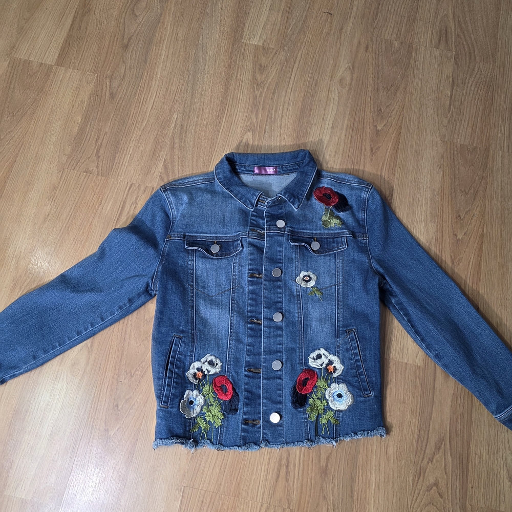 Aqua Kids Blue Denim Jacket with Red and White Floral Embroidery